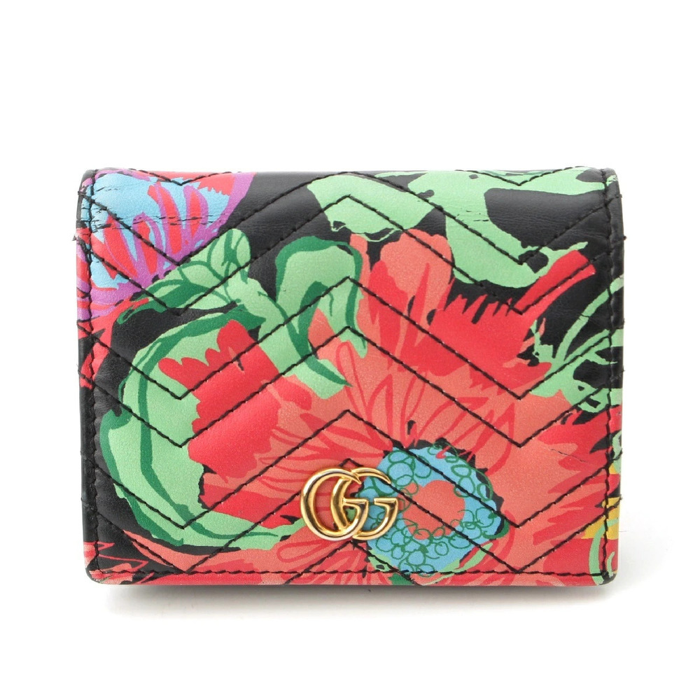 Gucci Ken Scott GG Marmont Leather Floral Wallet Bi fold Black Multicolor
